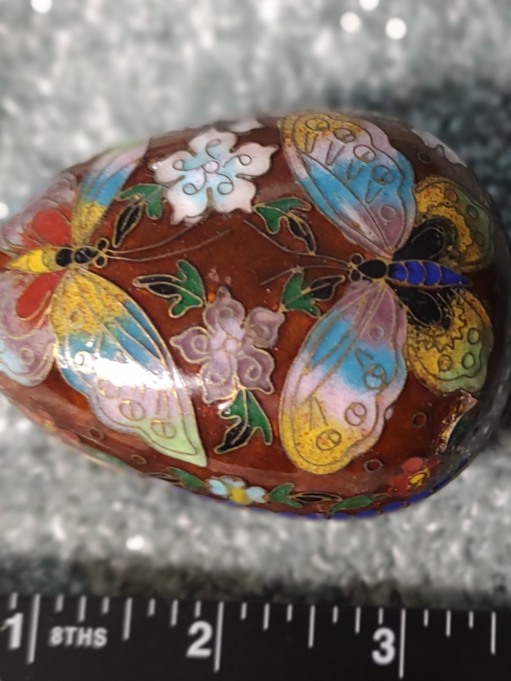 Vintage Cloisonne Enamel and Bronze Oval Maroon Floral Trinket Box